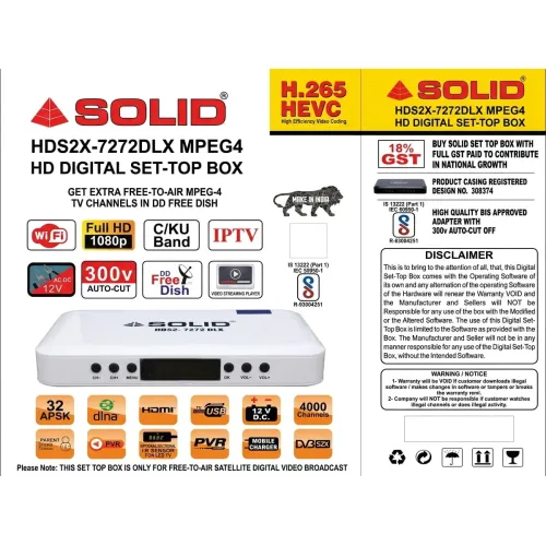 SOLID HDS2X-7272DLX S2X H.265 HD FTA Set-Top Box SOLID HDS2X-7272DLX S2X H.265 HD FTA Set-Top Box